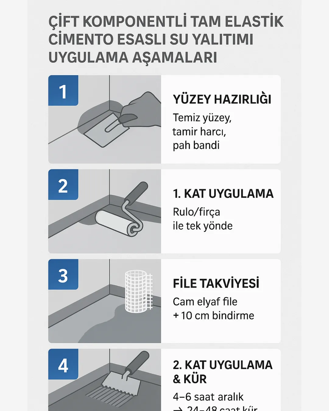 Çift komponentli tam elastik çimento esaslı su yalıtımı uygulama aşamaları infografiği – yüzey hazırlığı, katlar, file, kür – Dek-Mar Teknik