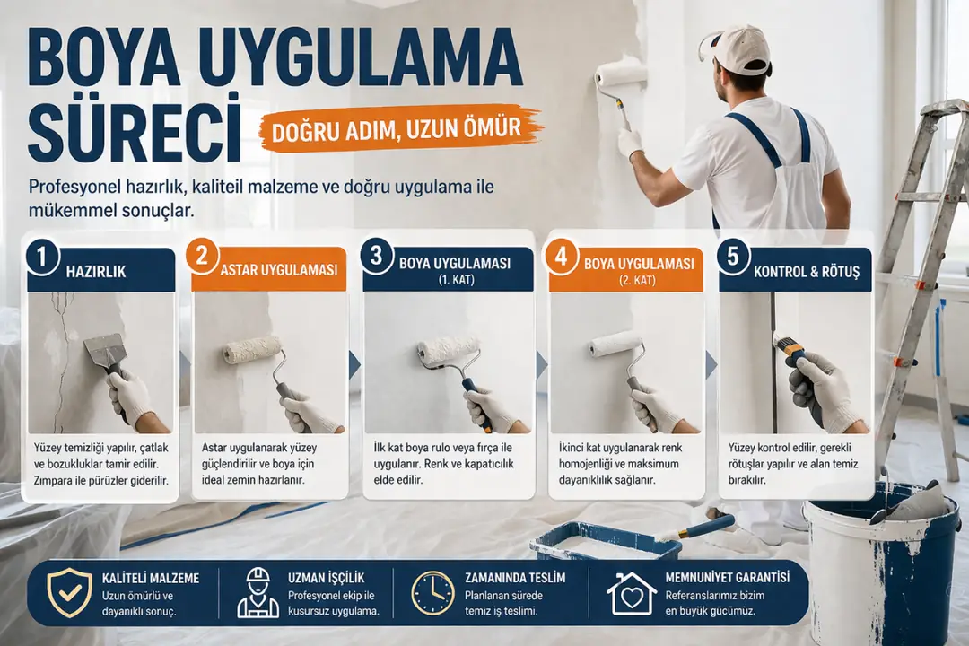 Boya uygulama süreci hazırlık astar ve boya aşamaları&nbsp;