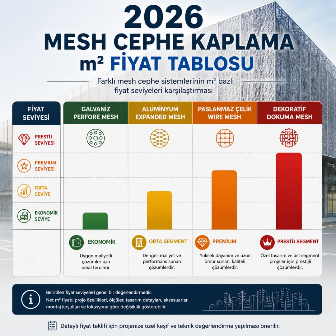 2026 mesh cephe kaplama metrekare fiyatları karşılaştırması, galvaniz, alüminyum, paslanmaz ve dekoratif mesh sistem maliyet tablosu