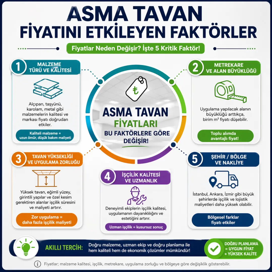 Asma tavan fiyatlarını etkileyen faktörler malzeme metrekare işçilik tavan yüksekliği ve şehir bazlı maliyet değişimi infografik