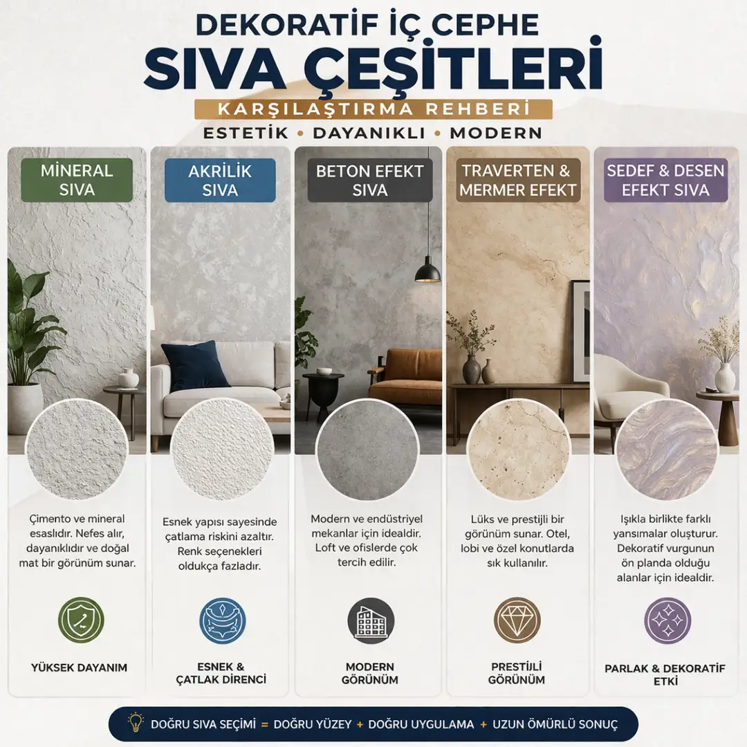 Dekoratif iç cephe sıva çeşitleri karşılaştırması mineral akrilik beton efekt