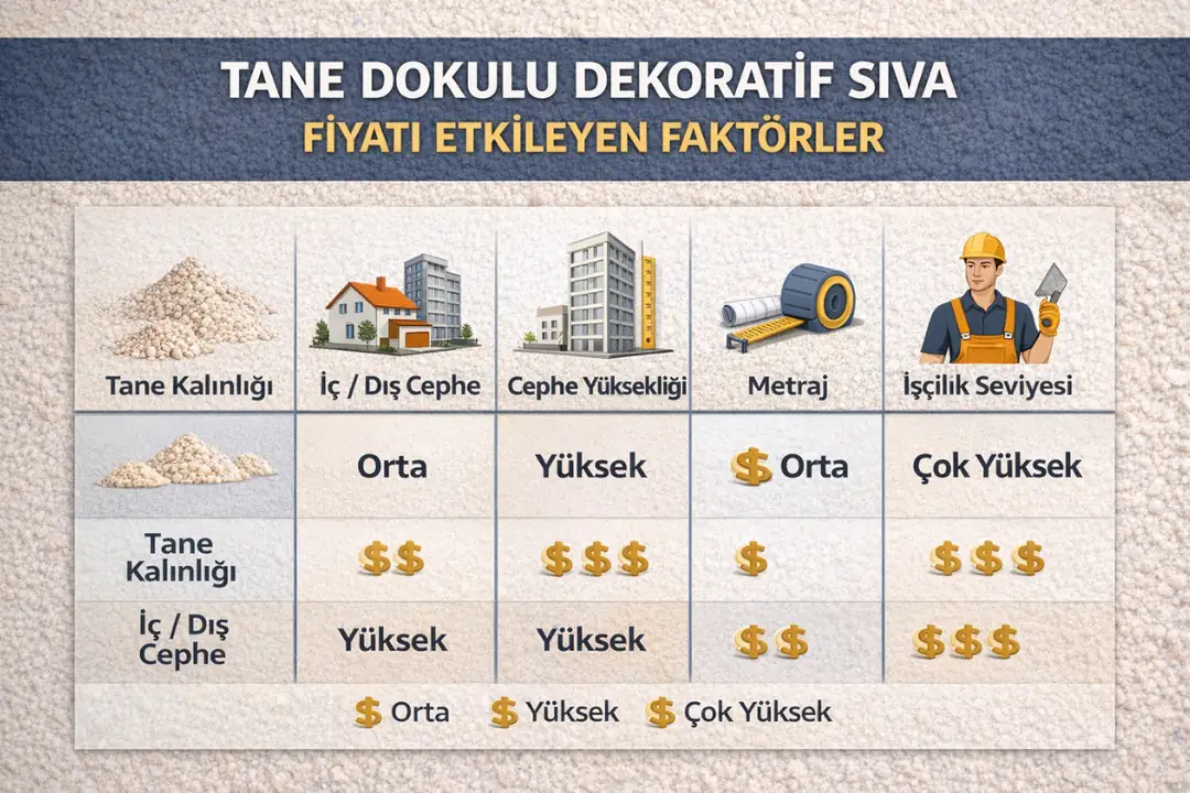 Tane dokulu dekoratif sıva m2 fiyatlarını etkileyen faktörler tablosu&nbsp;
