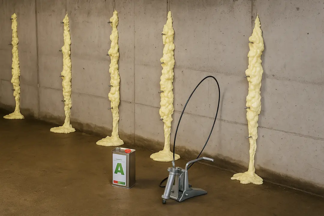 “Poliüretan enjeksiyon gerçek uygulama sahnesi – bodrum perde beton çatlağında paker, hortum ve köpürme anı – Dek-Mar İnşaat”&nbsp;