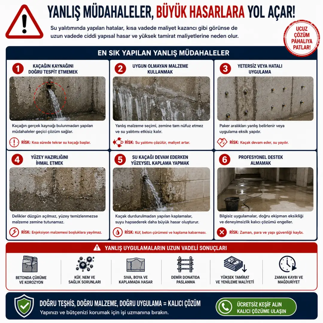 Yanlış su yalıtımı müdahaleleri silikon ve köpük ile yapılan geçici çözümler&nbsp;