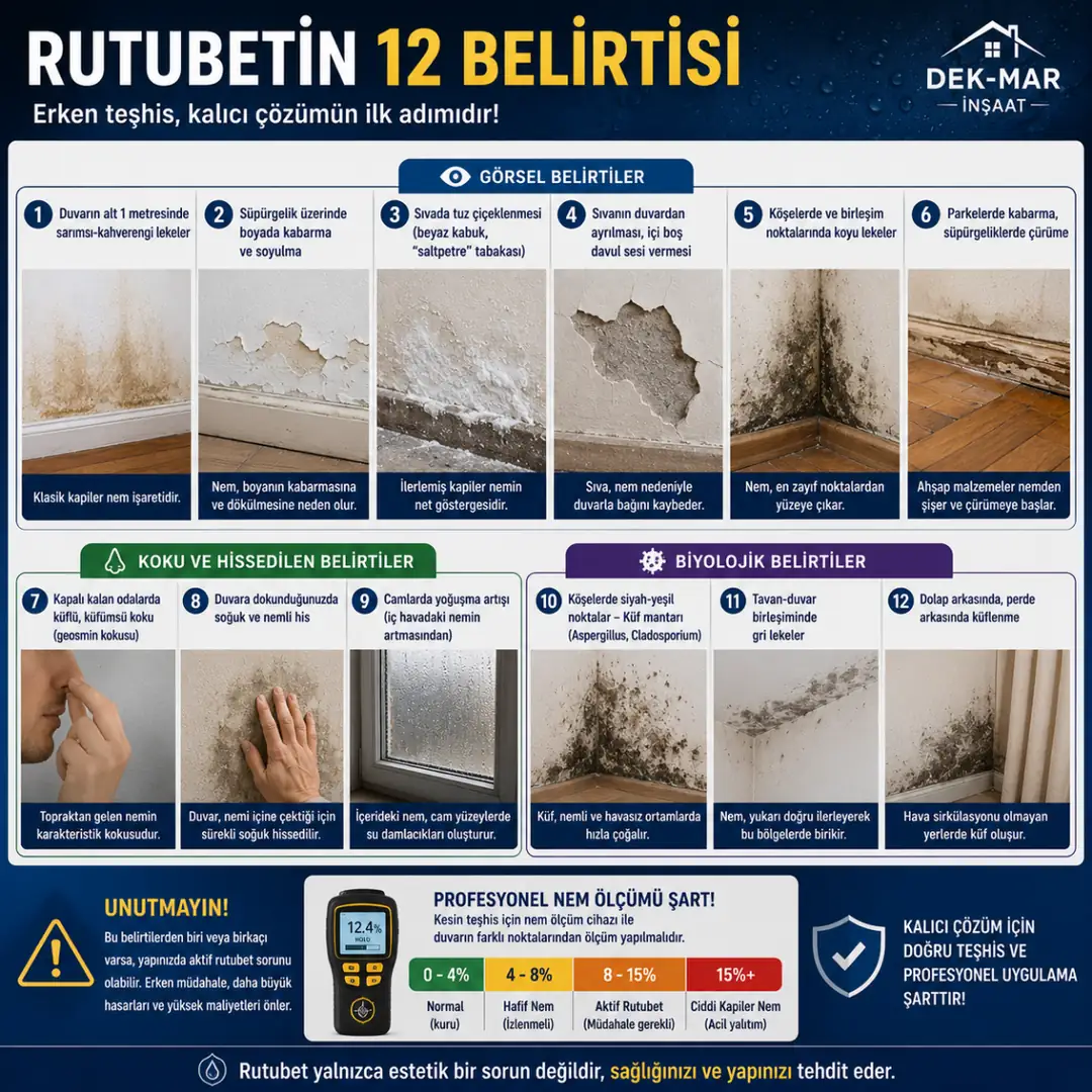 Temelden gelen rutubetin duvarda oluşturduğu küf boya kabarması ve nem belirtileri