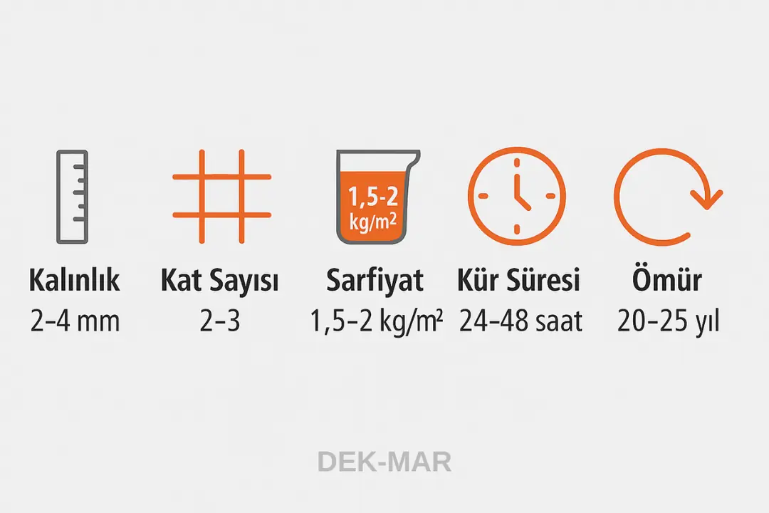 Havuz izolasyon teknik veriler: kalınlık, sarfiyat, kat sayısı, kür süresi ve ömür.&nbsp;