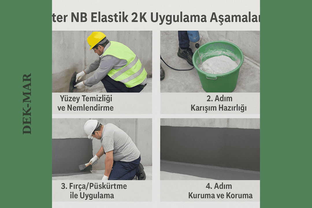 Köster NB Elastik 2K uygulama aşamaları: yüzey hazırlığı, karışım, katman uygulama ve kuruma.