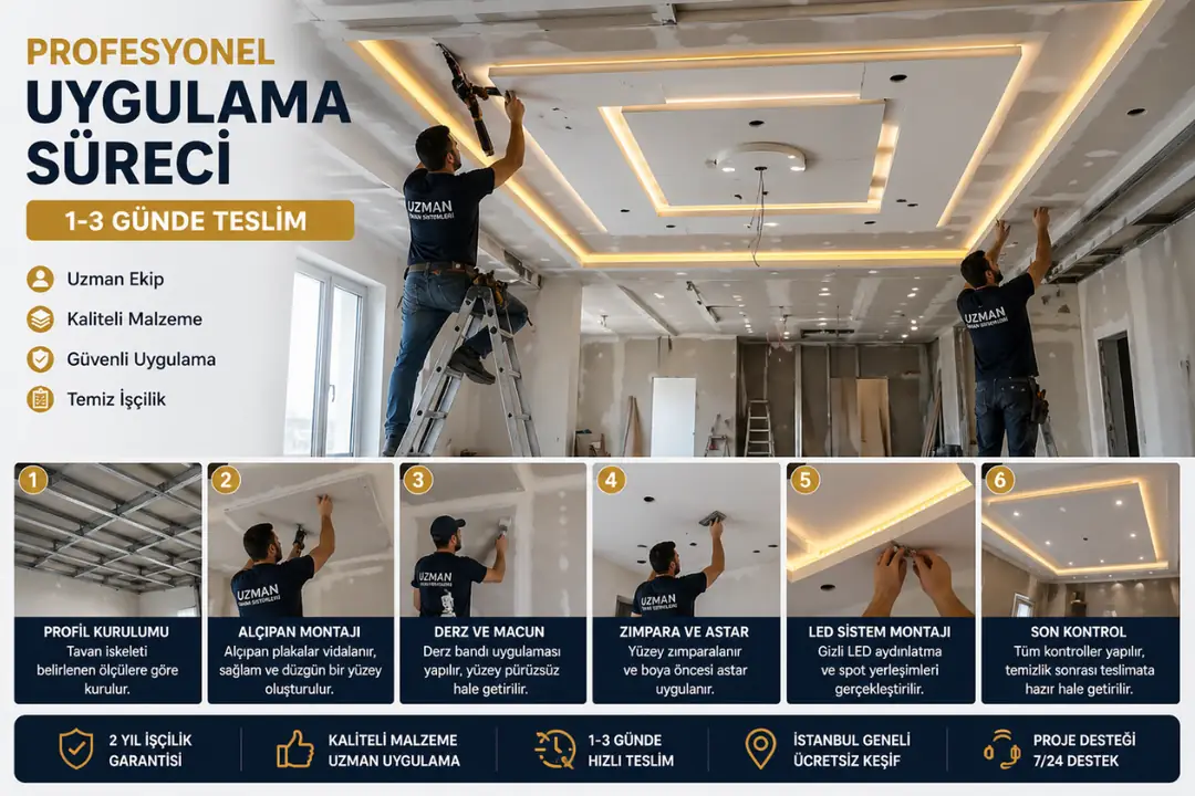 salon alçıpan asma tavan uygulama süreci ustalar tarafından yapılan montaj ve led sistem kurulumu&nbsp;