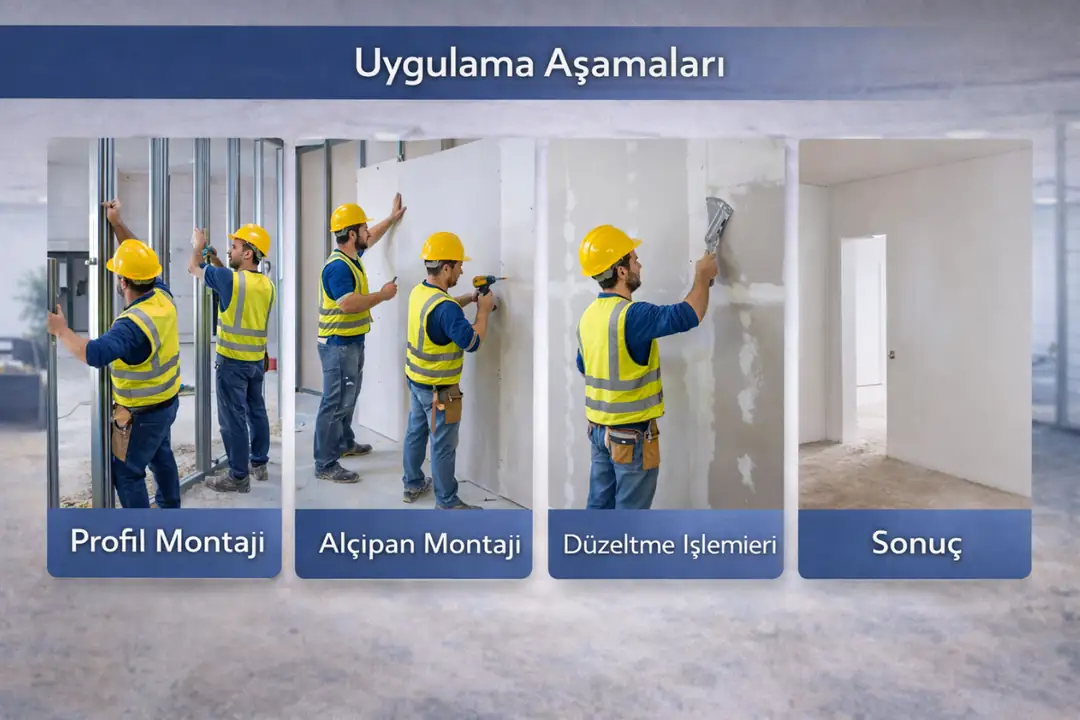 Alçıpan bölme duvar uygulama aşamaları profil montajı levha kaplama ve derz işlemleri saha uygulaması