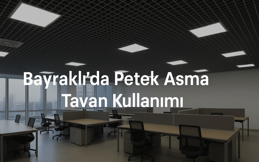Bayraklı modern ofislerinde kullanılan petek asma tavan sistemi – LED aydınlatmalı, modüler ve yangın dayanımlı tasarım.
