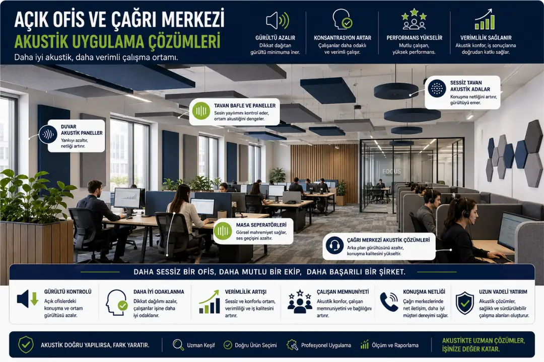 Açık ofis projesinde kullanılan akustik baffle tavan uygulaması&nbsp;