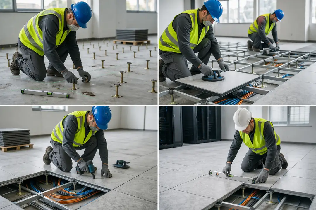 Yükseltilmiş döşeme panel montaj süreci saha uygulaması ayak yerleşimi ve panel yerleştirme aşamaları