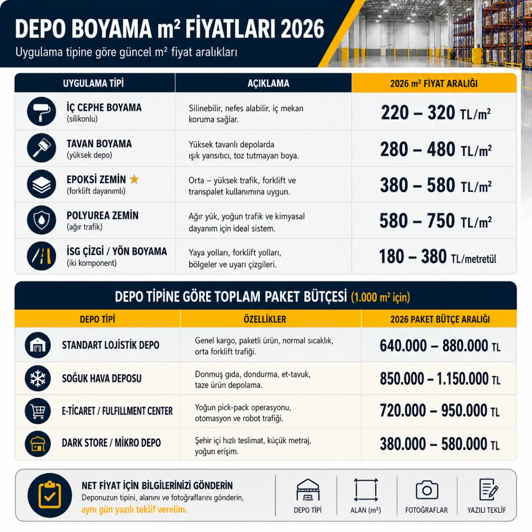 2026 depo boyama fiyat tablosu iç cephe boyama tavan boyama epoksi zemin polyurea kaplama ve İSG çizgi uygulaması m2 maliyet karşılaştırması&nbsp;