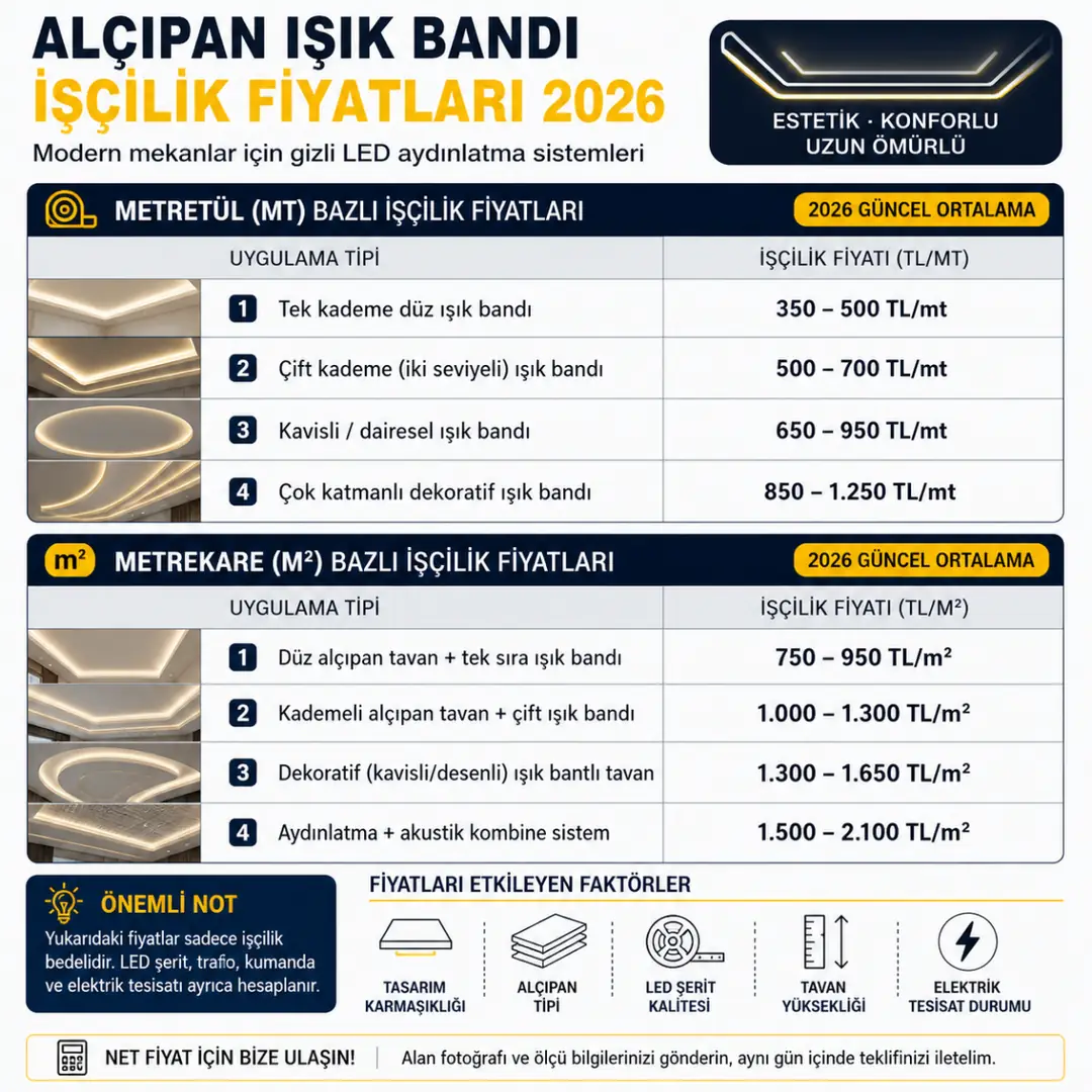 Alçıpan ışık bandı işçilik fiyatları 2026 m2 ve metretül fiyat tablosu&nbsp;