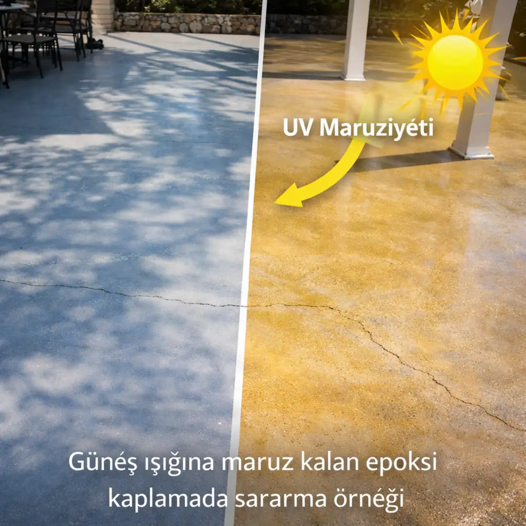 Güneş ışığına maruz kalan epoksi kaplamada sararma örneği