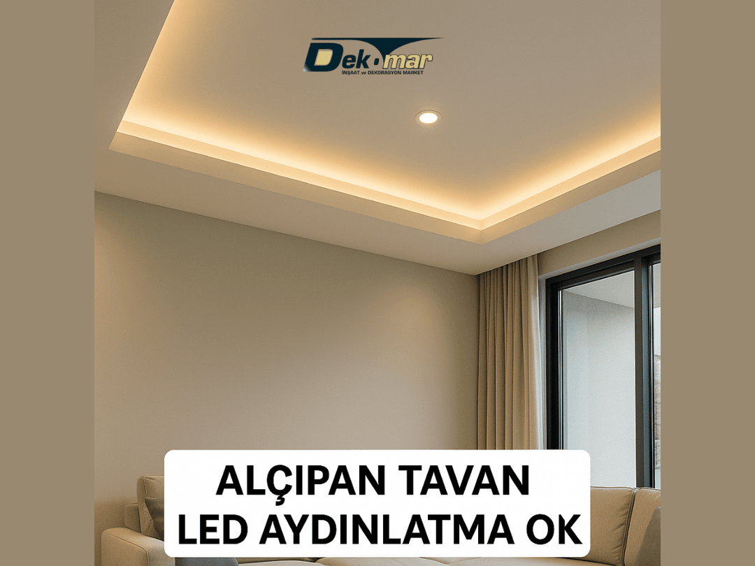 Gizli LED ışık havuzlarıyla şık bir görünüm sunan alçıpan asma tavan sistemi modern salon tavan tasarımıyla buluşuyor. 