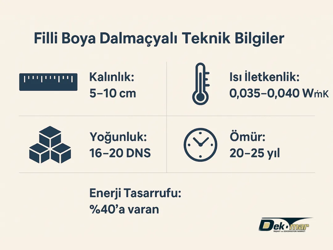 Filli Boya Dalmaçyalı mantolama teknik bilgiler: kalınlık, yoğunluk, ısı iletkenlik ve enerji tasarrufu.