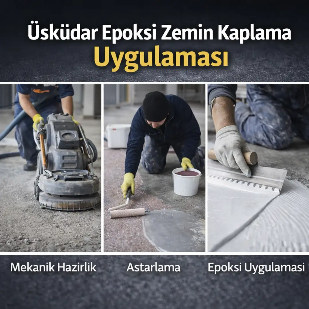 Üsküdar’da epoksi zemin kaplama uygulama aşaması, yüzey hazırlığı sonrası çekpas ile self leveling epoksi yayılımı