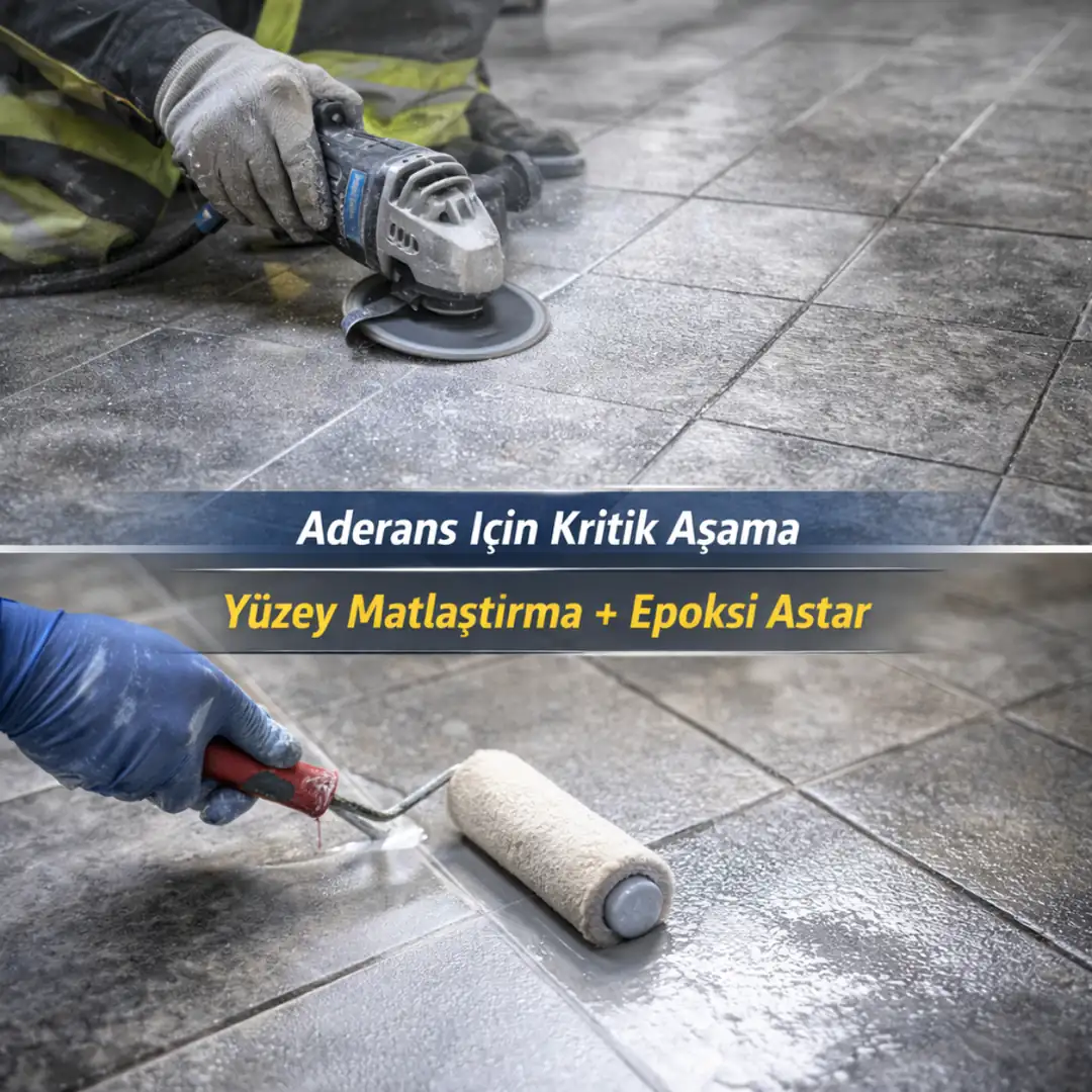 Fayans yüzey zımparalama ve polyurea öncesi epoksi astar uygulama detayı&nbsp;