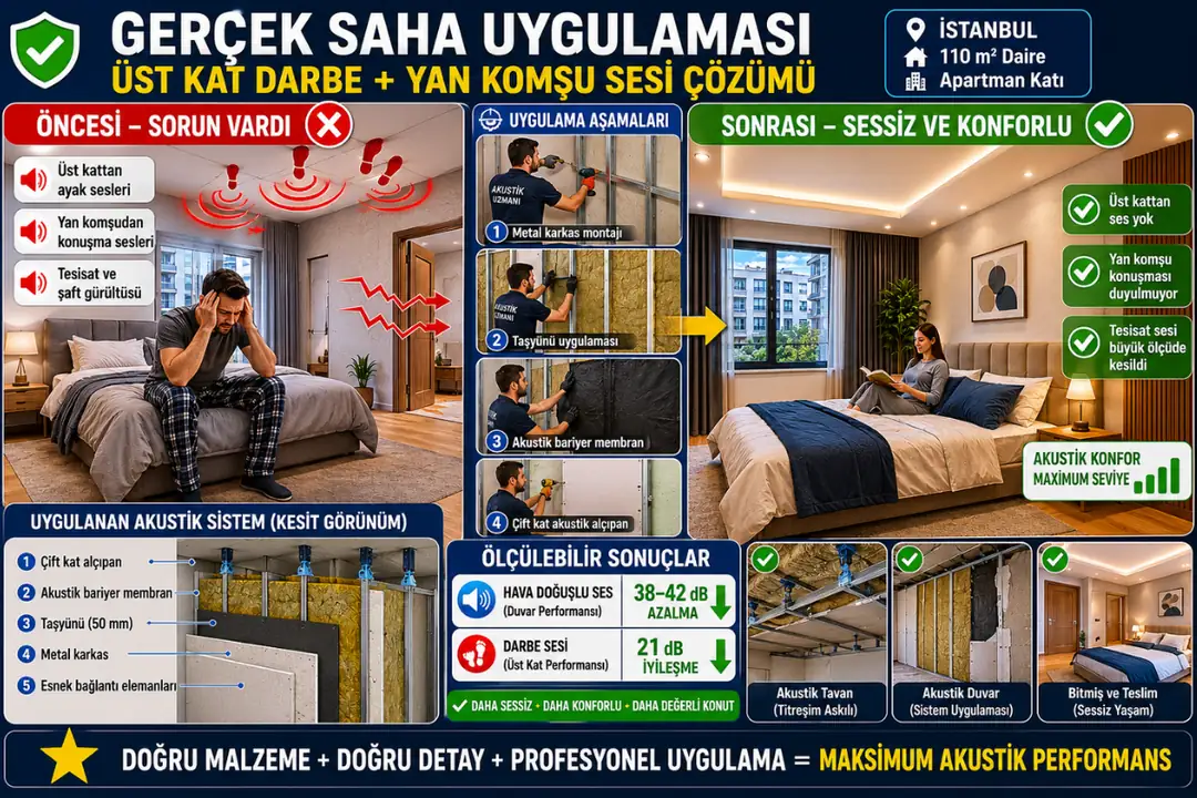 İstanbul'da bir apartman dairesinde uygulanan akustik duvar ve titreşim askılı tavan sistemi ile komşu ve üst kat gürültüsünün azaltıldığı gerçek saha uygulaması.&nbsp;