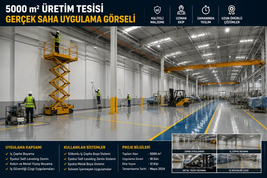 5000 m2 üretim tesisi boyama saha uygulaması profesyonel ekip çalışması&nbsp;