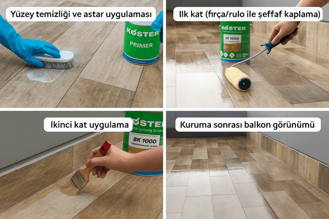 Köster BK 1000 uygulama aşamaları: astar, ilk kat, ikinci kat ve kuruma sonrası görünüm. 