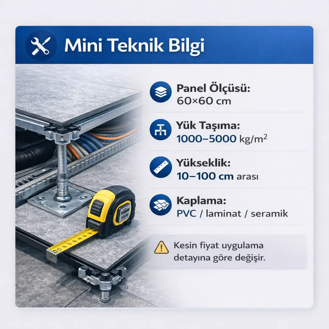 Ankara yükseltilmiş döşeme teknik özellikleri panel ölçüsü yük taşıma kapasitesi yükseklik ve kaplama seçenekleri detaylı bilgi