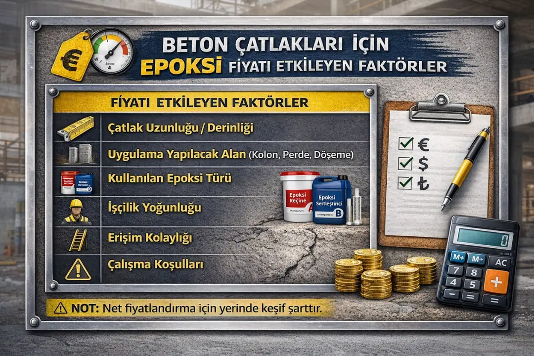 Beton çatlakları için epoksi fiyatını etkileyen faktörler – çatlak tipi, uzunluk, uygulama alanı ve işçilik koşulları&nbsp;