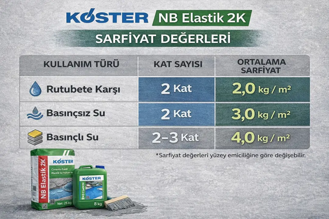 KÖSTER NB Elastik 2K rutubet, basınçsız ve basınçlı suya karşı m2 bazlı sarfiyat değerleri.