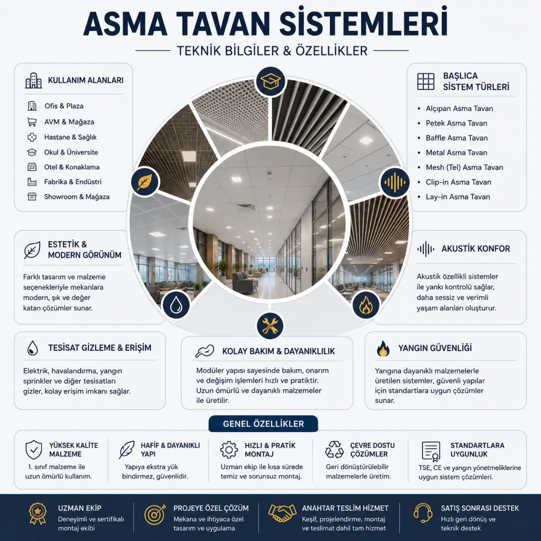 Asma tavan sistemleri hakkında temel teknik bilgiler, kullanım alanları ve sağladığı avantajları özetleyen infografik