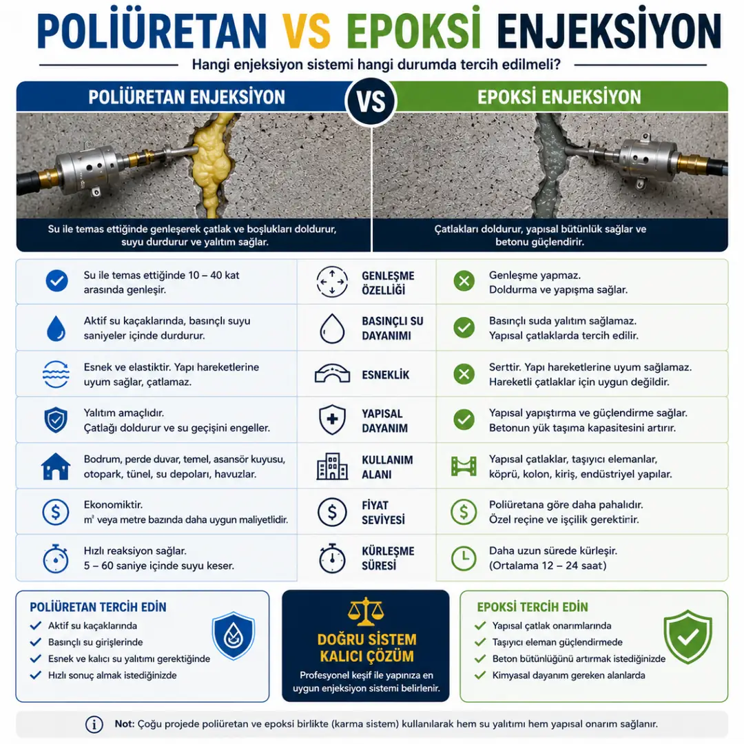 Poliüretan ve epoksi enjeksiyon sistemleri karşılaştırma tablosu su yalıtımı farkları&nbsp;