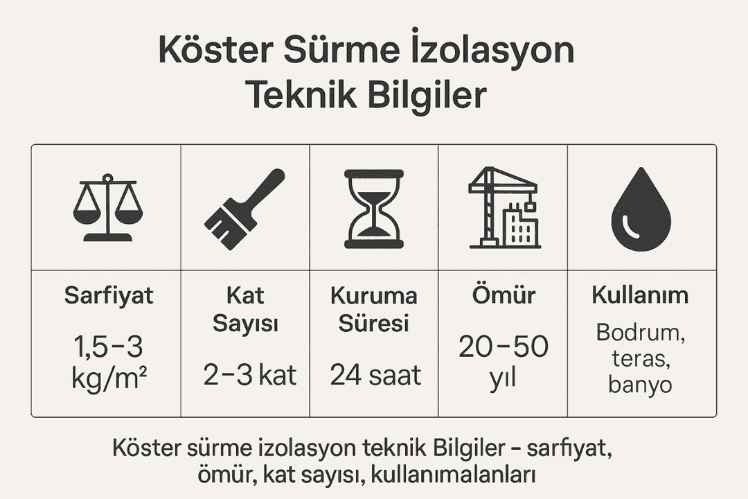Köster sürme izolasyon teknik bilgiler – sarfiyat, ömür, kat sayısı, kullanım alanları. 