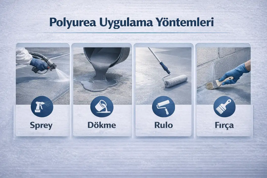 Polyurea kaplama uygulamasında sprey ve elle uygulama yöntemlerini gösteren görsel