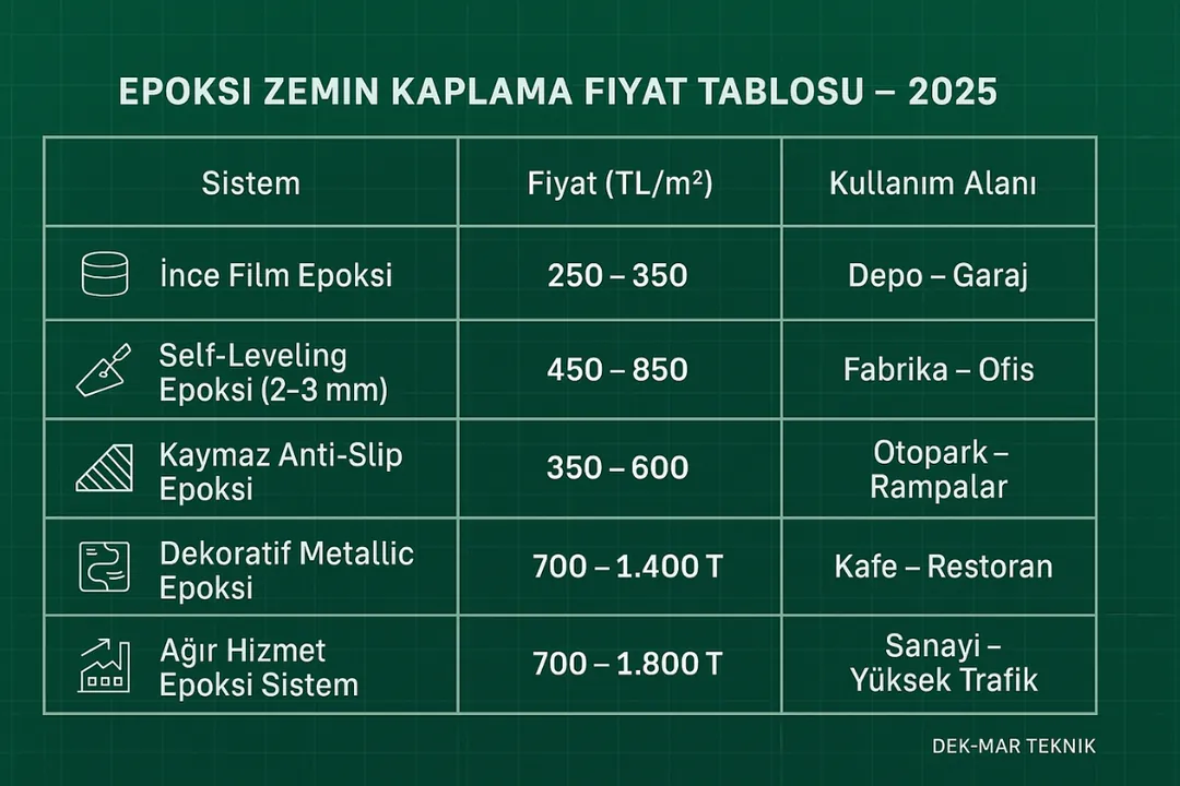 Epoksi zemin kaplama 2025 fiyat tablosu: ince film, self leveling, kaymaz, dekoratif ve ağır hizmet sistemleri – Dek-Mar 25.