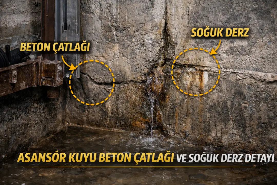 Asansör kuyusu beton çatlağı ve soğuk derz su geçişi detayı