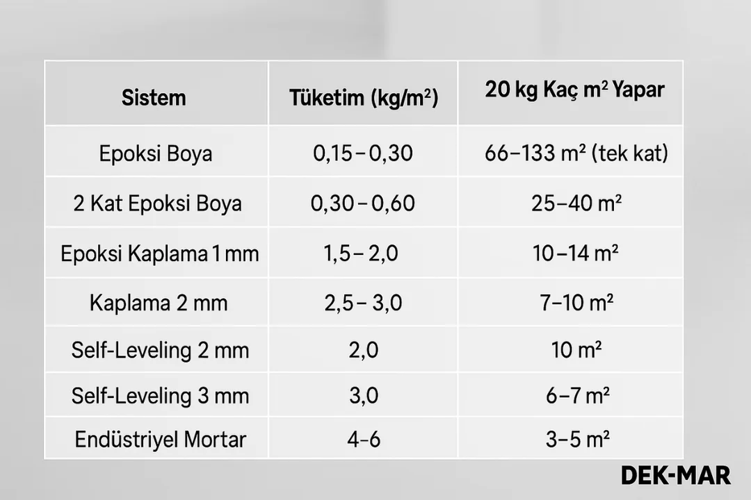20 kg epoksi ile kaç m2 alan kaplanır – self-leveling, epoksi boya ve kaplama tüketim tablosu – Dek-Mar