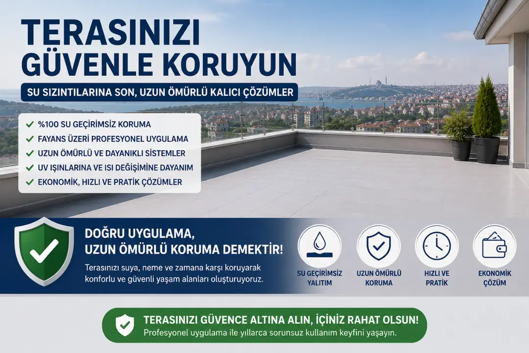 Profesyonel su yalıtımı uygulanmış terasta temiz yüzey, doğru drenaj ve uzun ömürlü koruma sağlayan görünüm.