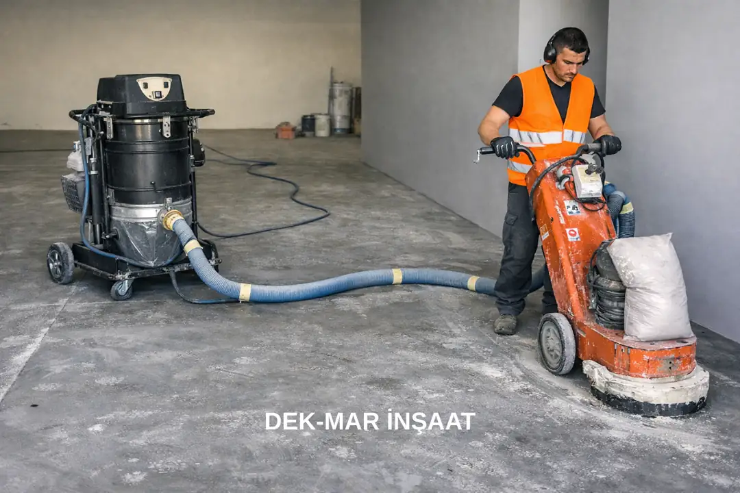 Epoksi zemin kaplama öncesi beton yüzeyin endüstriyel silim makinesi ile hazırlanması uygulama aşaması&nbsp;