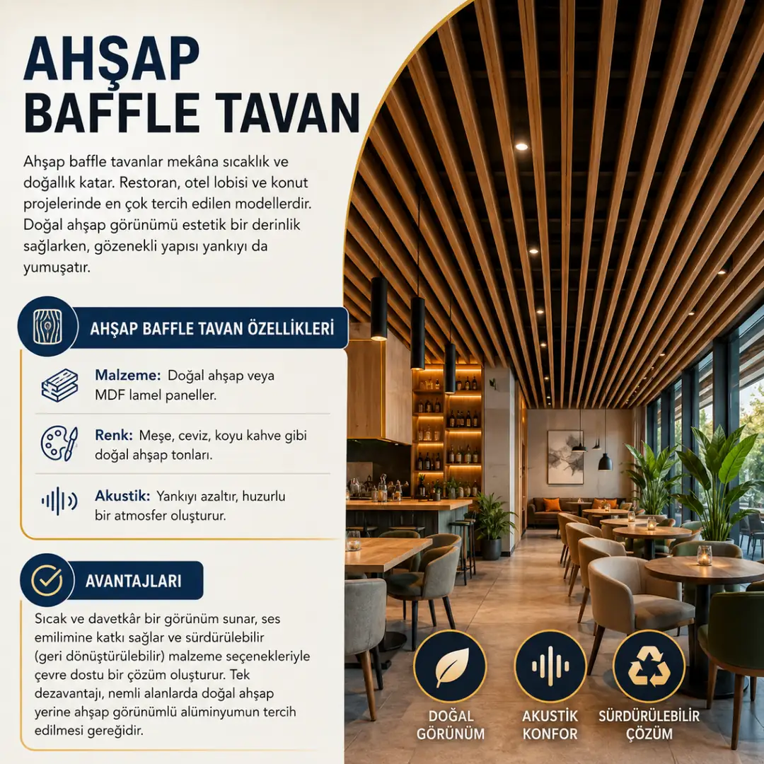 Restoran ve otel lobisi örneğinde doğal meşe tonlarında ahşap baffle tavan uygulaması, akustik konfor ve sıcak dekoratif görünüm sağlayan lamel tavan sistemi.