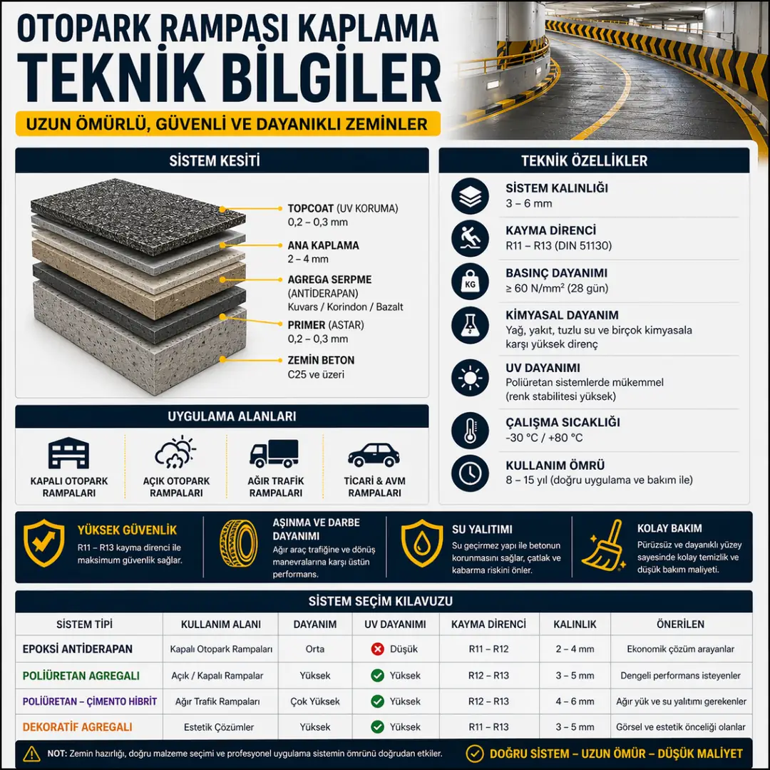 Otopark rampası kaplama teknik özellikleri kayma direnci ve kalınlık bilgisi