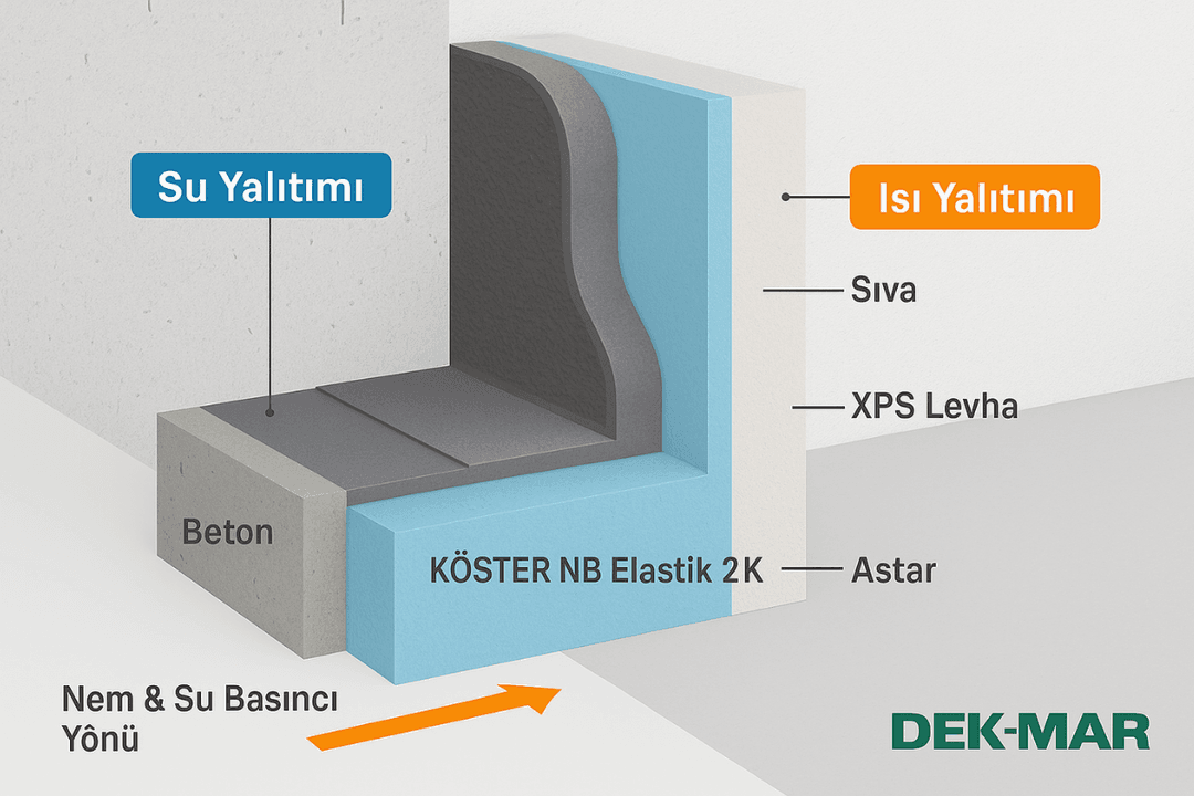 İzolasyon sistemlerinin teknik kesiti – su ve ısı yalıtım katmanlarının beton üzerindeki konumu – Dek-Mar İnşaat 2025