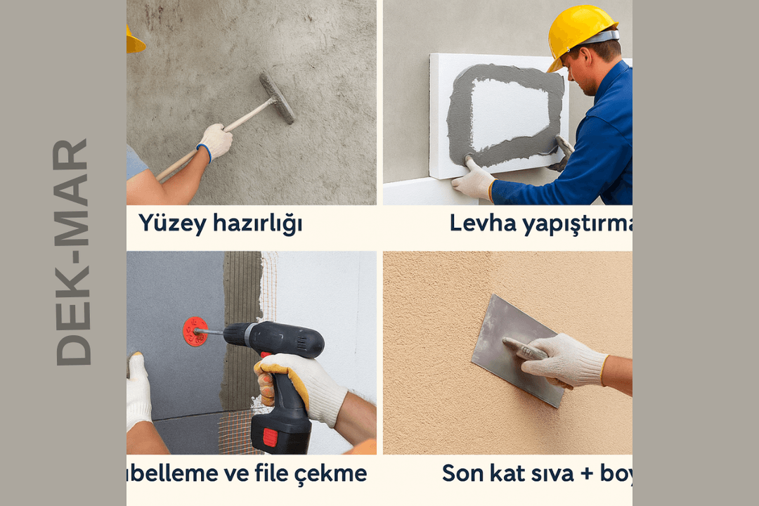 Dış cephe mantolama uygulama aşamaları: yüzey hazırlığı, levha yapıştırma, dübelleme, sıva ve boya. 