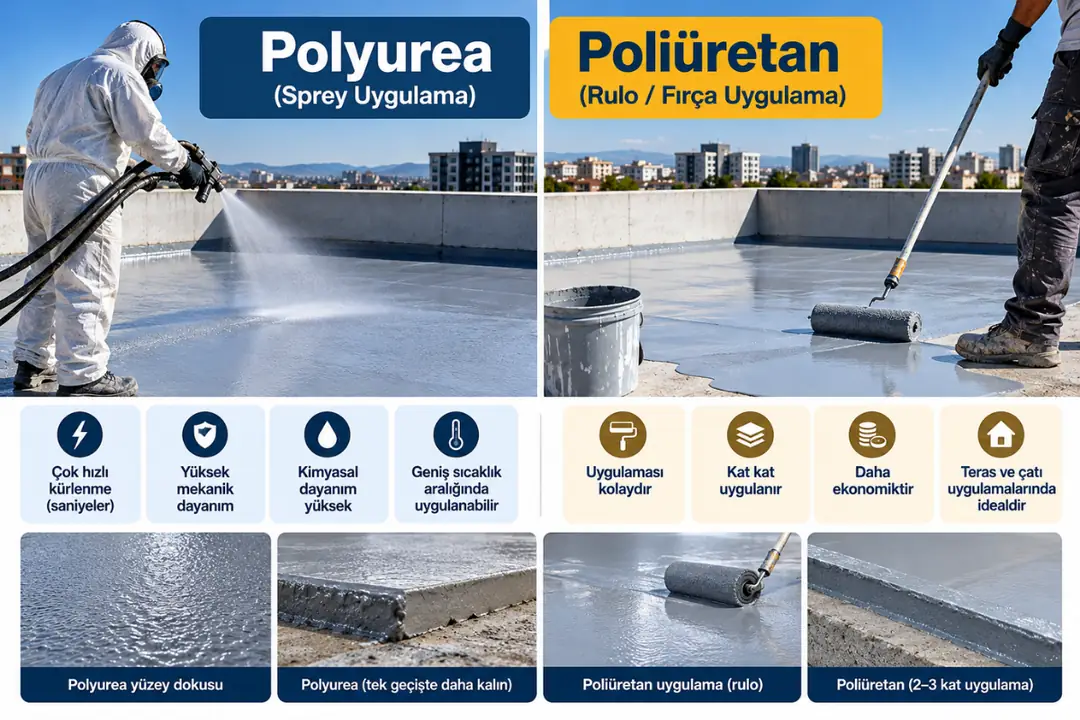 Polyurea sprey kaplama ve poliüretan rulo uygulamasının teknik özellikler ve uygulama yöntemleri açısından karşılaştırılması