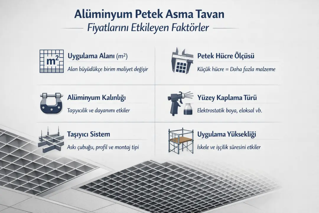 Alüminyum petek asma tavan fiyatlarını etkileyen faktörler; alan, hücre ölçüsü, kaplama türü ve taşıyıcı sistem detayları