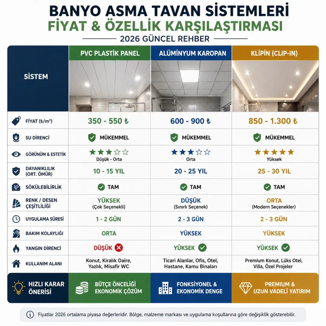 PVC plastik panel alüminyum karopan ve klipin asma tavan fiyat karşılaştırması 2026 m2 fiyatları&nbsp;