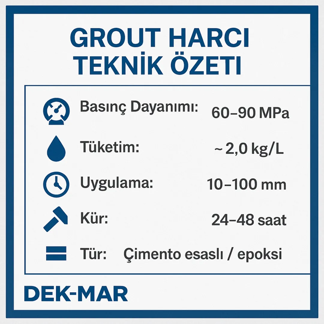 “Grout harcı teknik bilgi kutusu – basınç dayanımı, tüketim, akışkanlık, kür süresi – Dek-Mar Teknik Rehber”