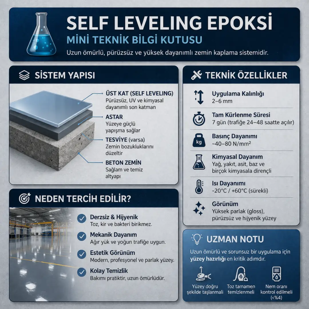 Self leveling epoksi zemin kaplama teknik özellikleri kalınlık kuruma süresi ve dayanım değerleri mini bilgi kutusu