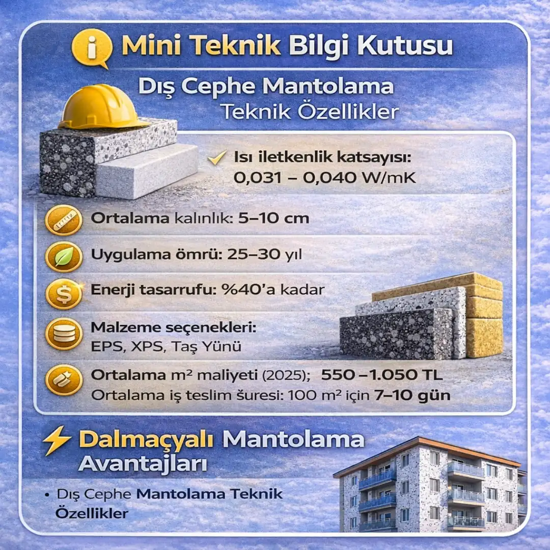 Dış cephe mantolama teknik özellikleri; ısı iletkenlik katsayısı, kalınlık, uygulama ömrü, enerji tasarrufu ve m² maliyeti