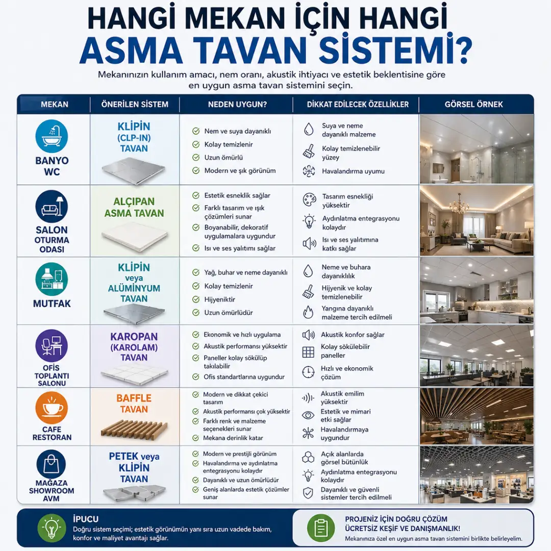 Banyo salon mutfak ofis mağaza için en uygun asma tavan sistemleri karşılaştırması&nbsp;