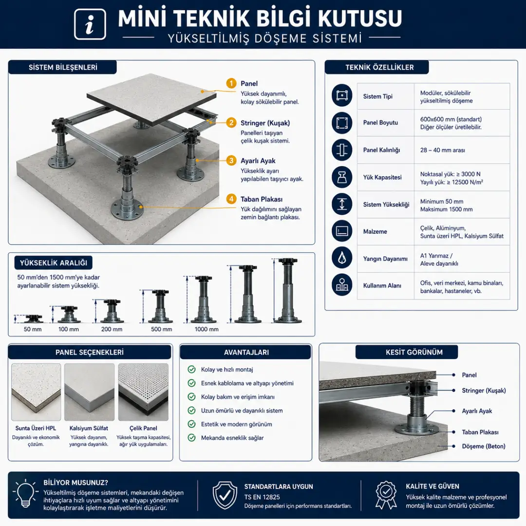 Yükseltilmiş döşeme teknik ölçü ve montaj bilgileri